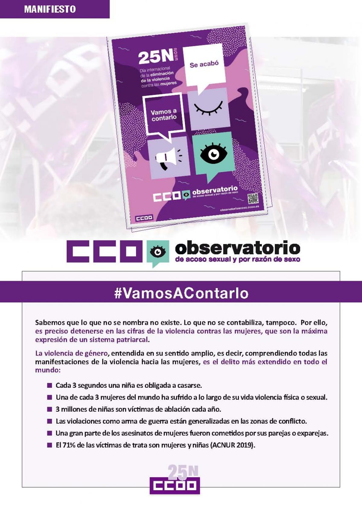 Manifiesto de CCOO ante el 25 de Noviembre de 2023: Da Internacional de la Eliminacin de la Violencia hacia las Mujeres.
