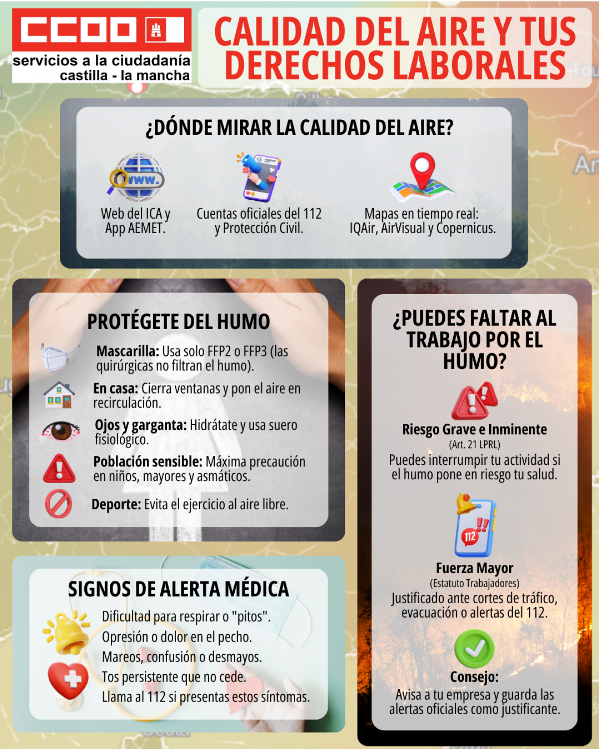 Alerta por los incendios forestales, la calidad del aire y tus derechos laborales